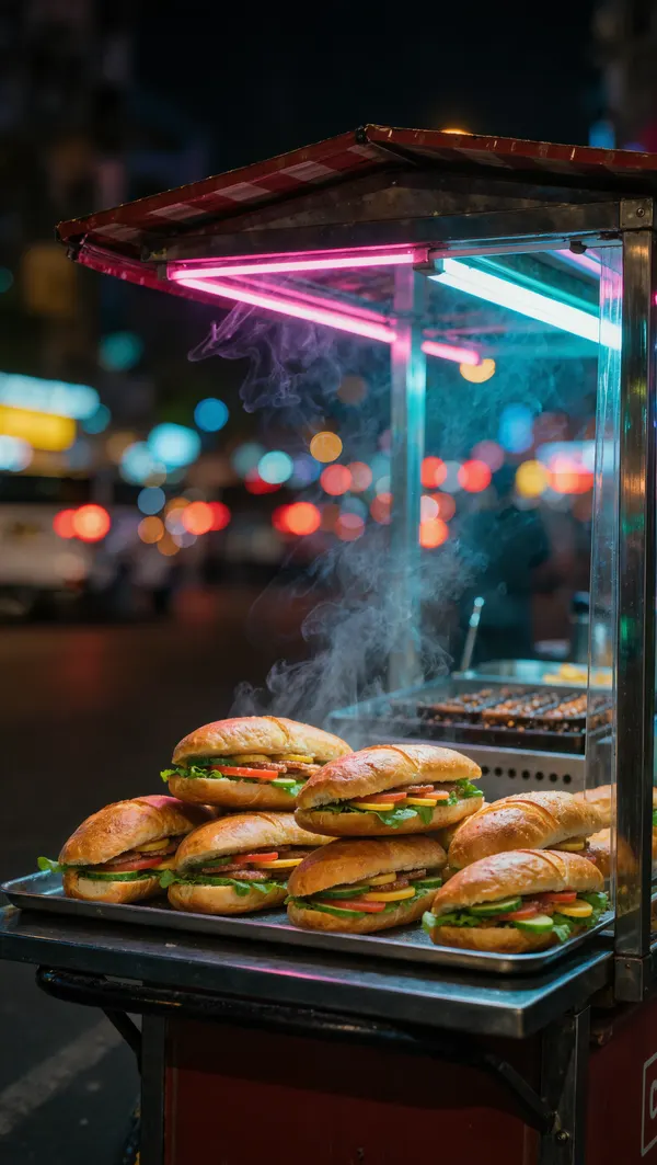 Xe bánh mì đường phố dưới ánh đèn neon ban đêm