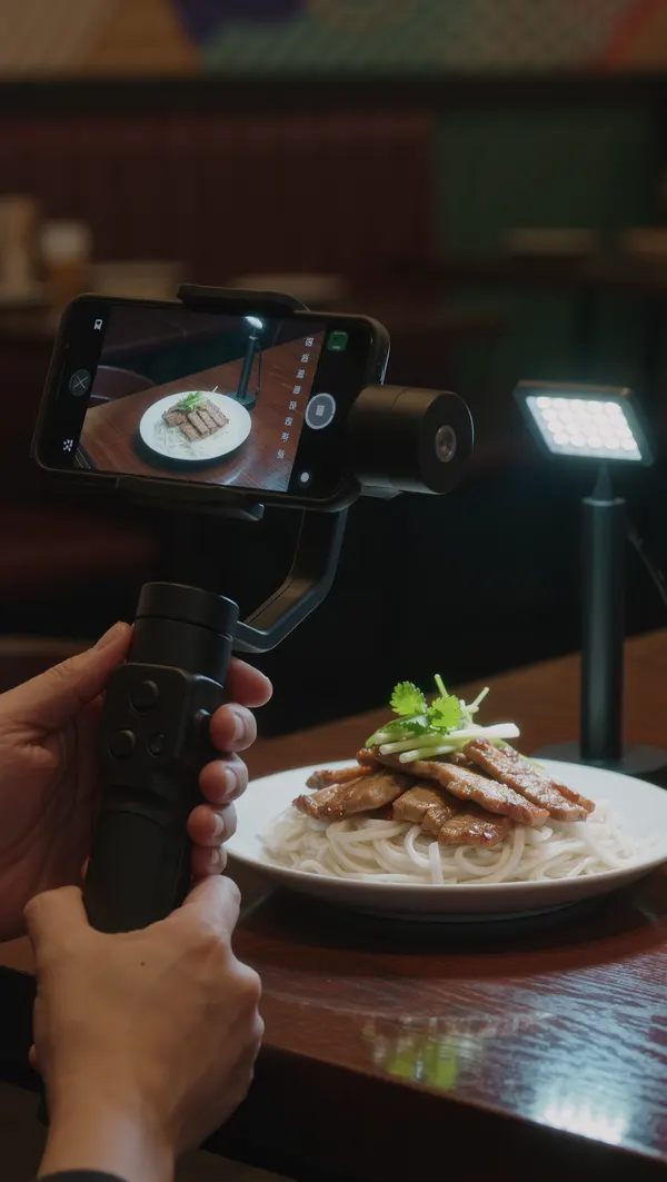 Điện thoại trên gimbal đang quay đĩa bún chả